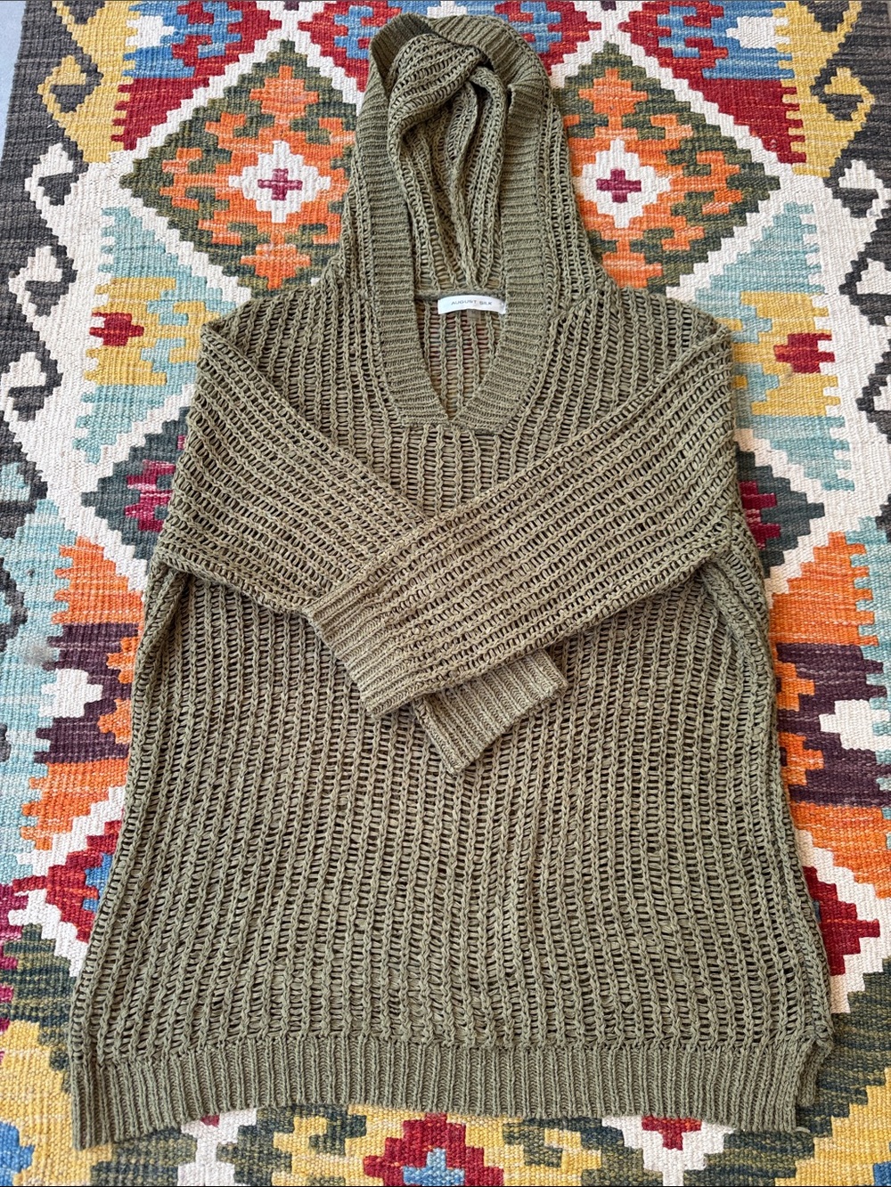 August Silk Olive Green Open-Knit Hooded Sweater